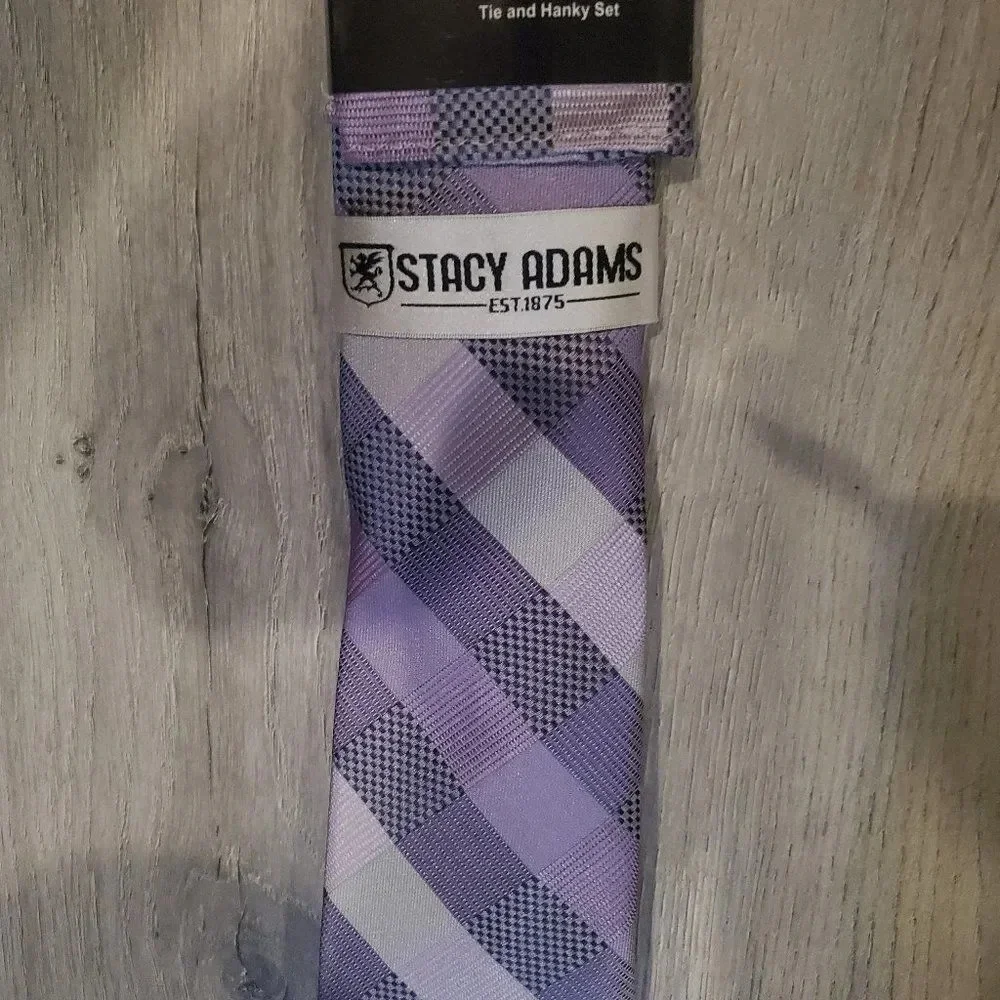 Stacy Adams Men's purple & Black plaid Tie & Hank Set Size OS